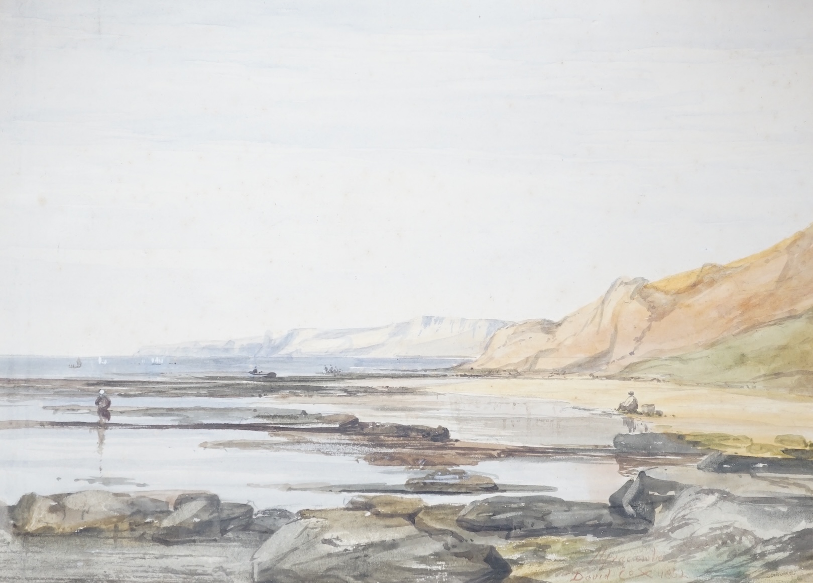 David Cox Jnr (1809-1885), watercolour, Coastal view with figures, signed and dated 1852, 24 x 34cm. Condition - poor to fair, foxing